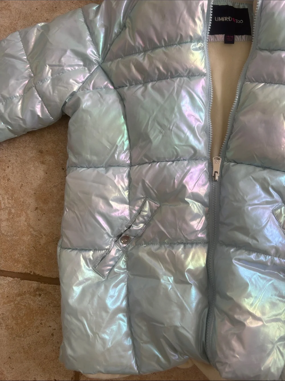 Limited Too girls 14/16 Iridescent Light Blue Kids Puffer Jacket w/Sherpa Hood